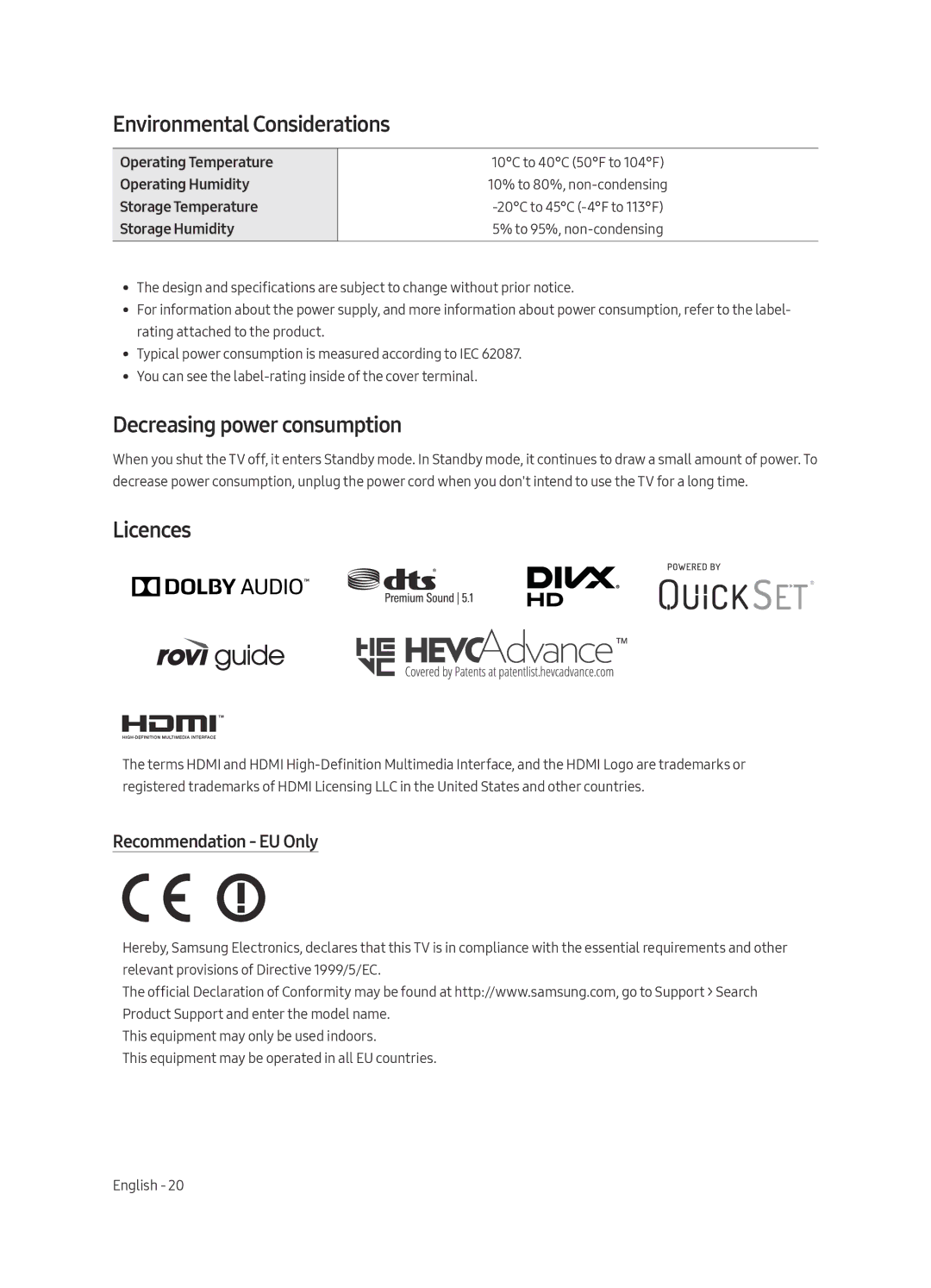 Samsung UE55MU7009TXZG manual Environmental Considerations, Decreasing power consumption, Licences, Recommendation EU Only 