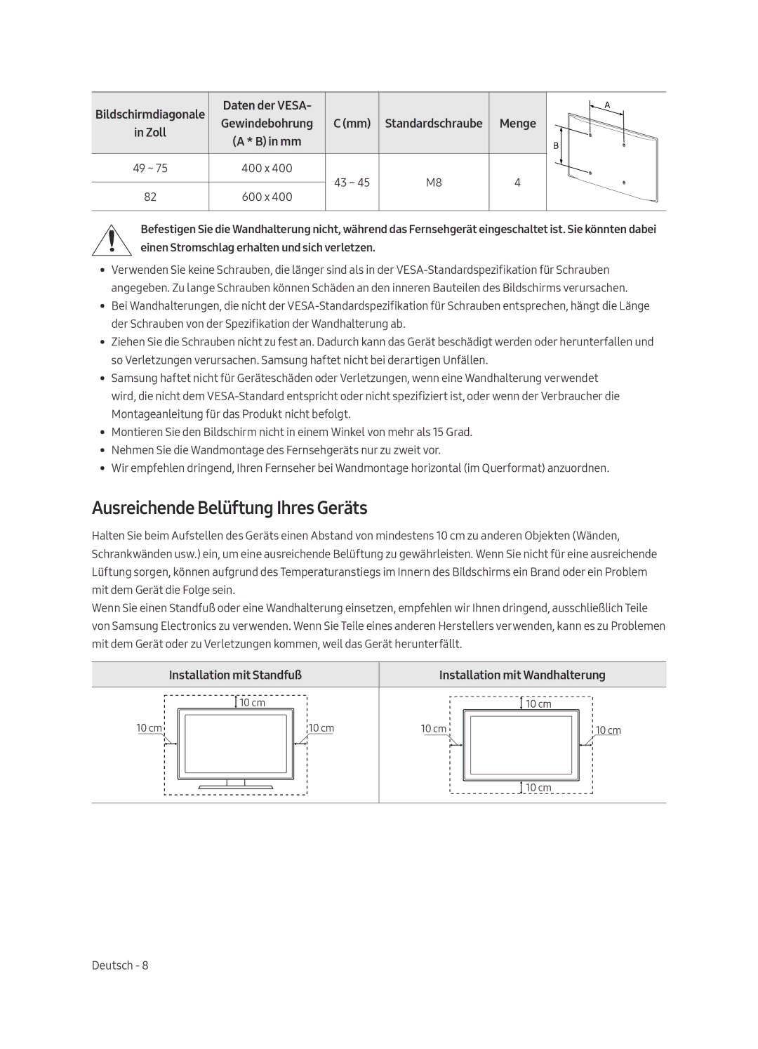 Samsung UE82MU7000TXZT, UE55MU7009TXZG, UE49MU7009TXZG, UE49MU7000TXZG Ausreichende Belüftung Ihres Geräts, Daten der Vesa 