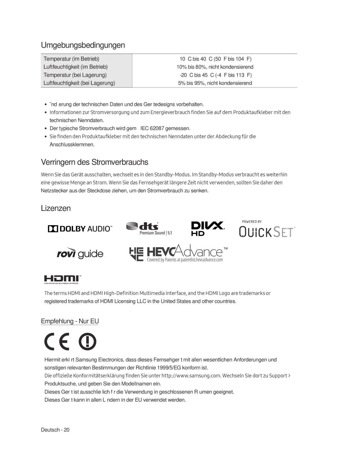 Samsung UE49MU7000TXZG, UE55MU7009TXZG Umgebungsbedingungen, Verringern des Stromverbrauchs, Lizenzen, Empfehlung Nur EU 