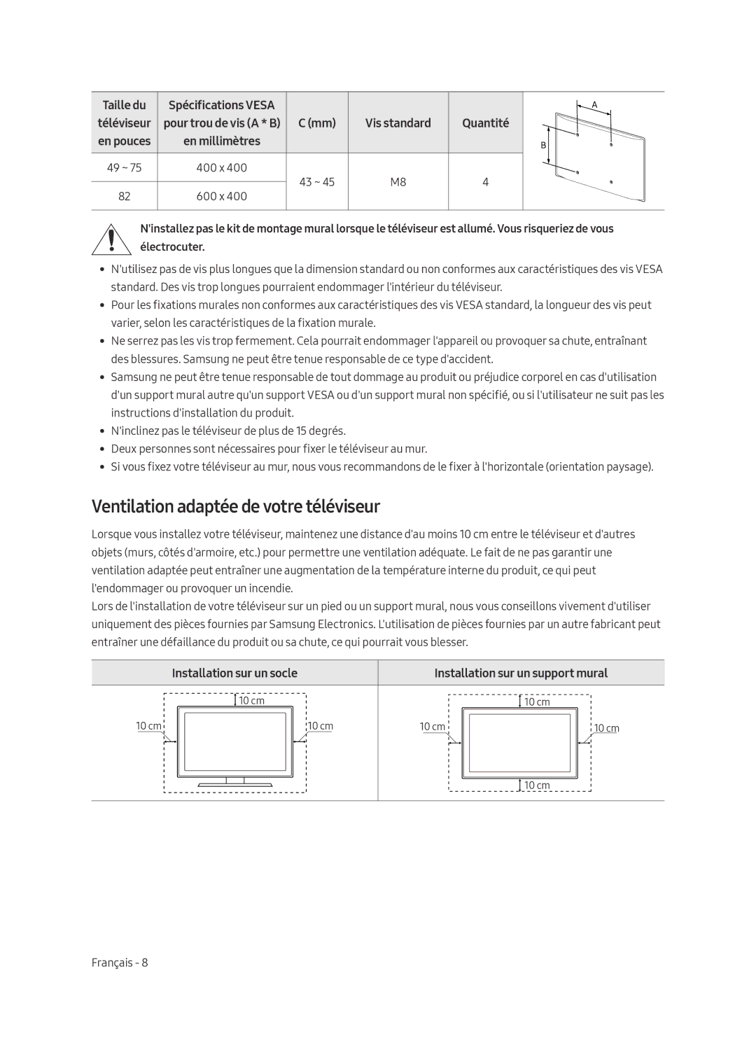 Samsung UE65MU7000TXZT manual Ventilation adaptée de votre téléviseur, Taille du, En millimètres, Installation sur un socle 