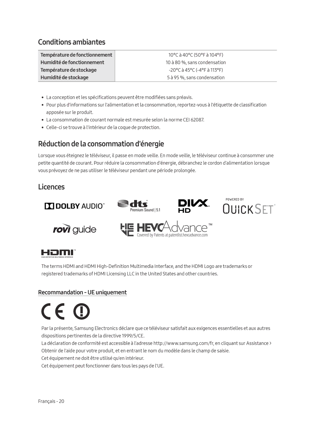 Samsung UE65MU7009TXZG manual Conditions ambiantes, Réduction de la consommation dénergie, Recommandation UE uniquement 