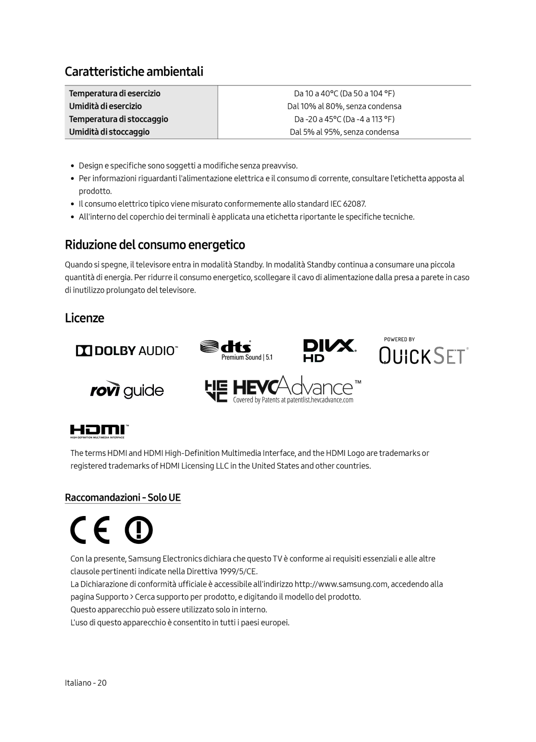 Samsung UE75MU7000TXZG Caratteristiche ambientali, Riduzione del consumo energetico, Licenze, Raccomandazioni Solo UE 