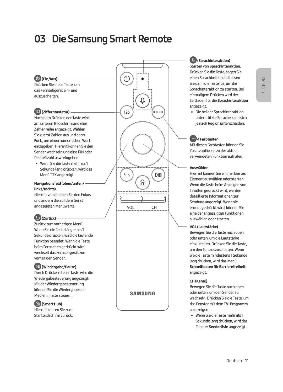 Samsung UE55MU7000TXZT manual Die Samsung Smart Remote, Ein/Aus, Zifferntastatur, Navigationsfeld oben/unten/ links/rechts 
