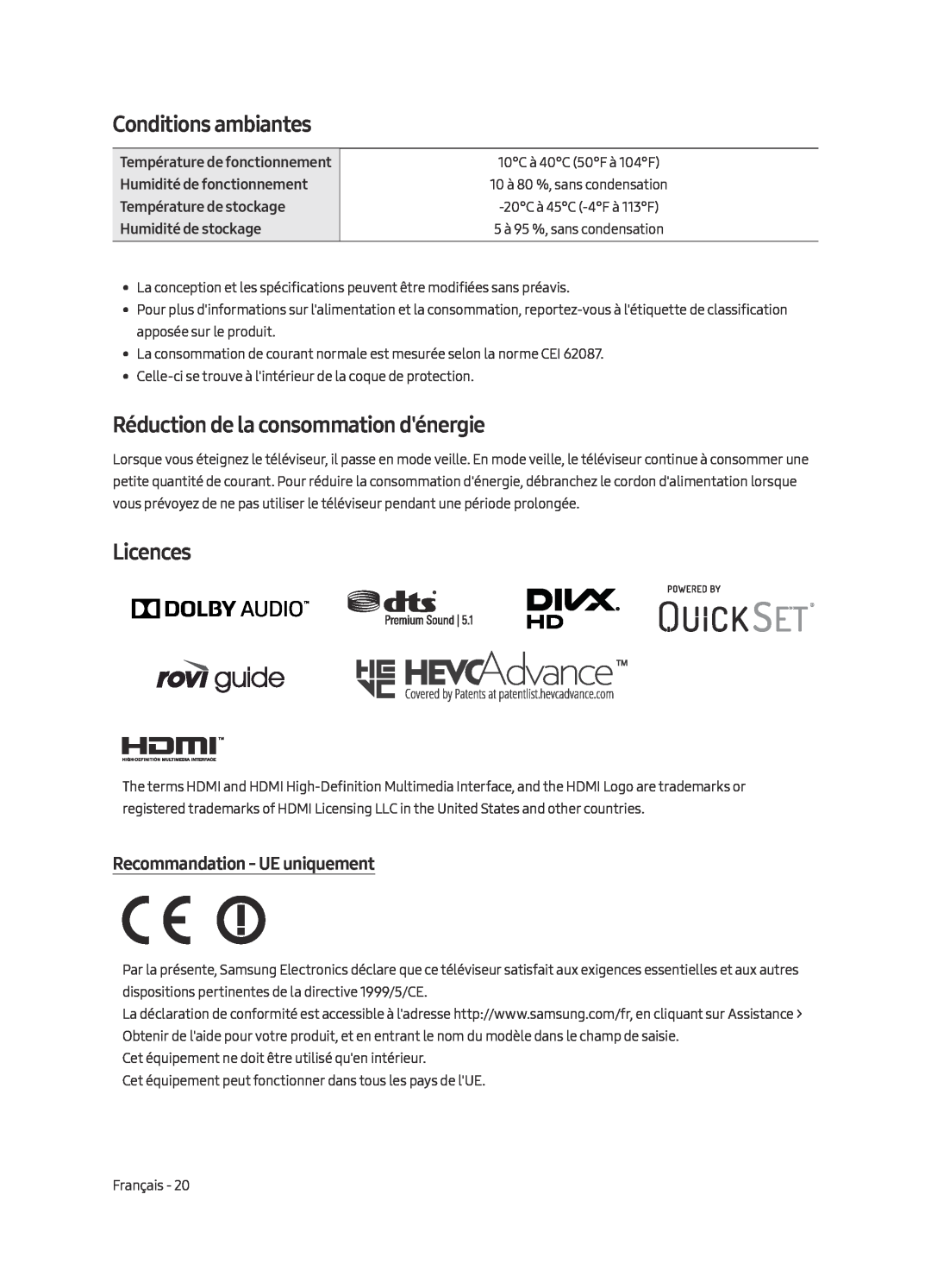 Samsung UE65MU7009TXZG manual Conditions ambiantes, Réduction de la consommation dénergie, Recommandation - UE uniquement 