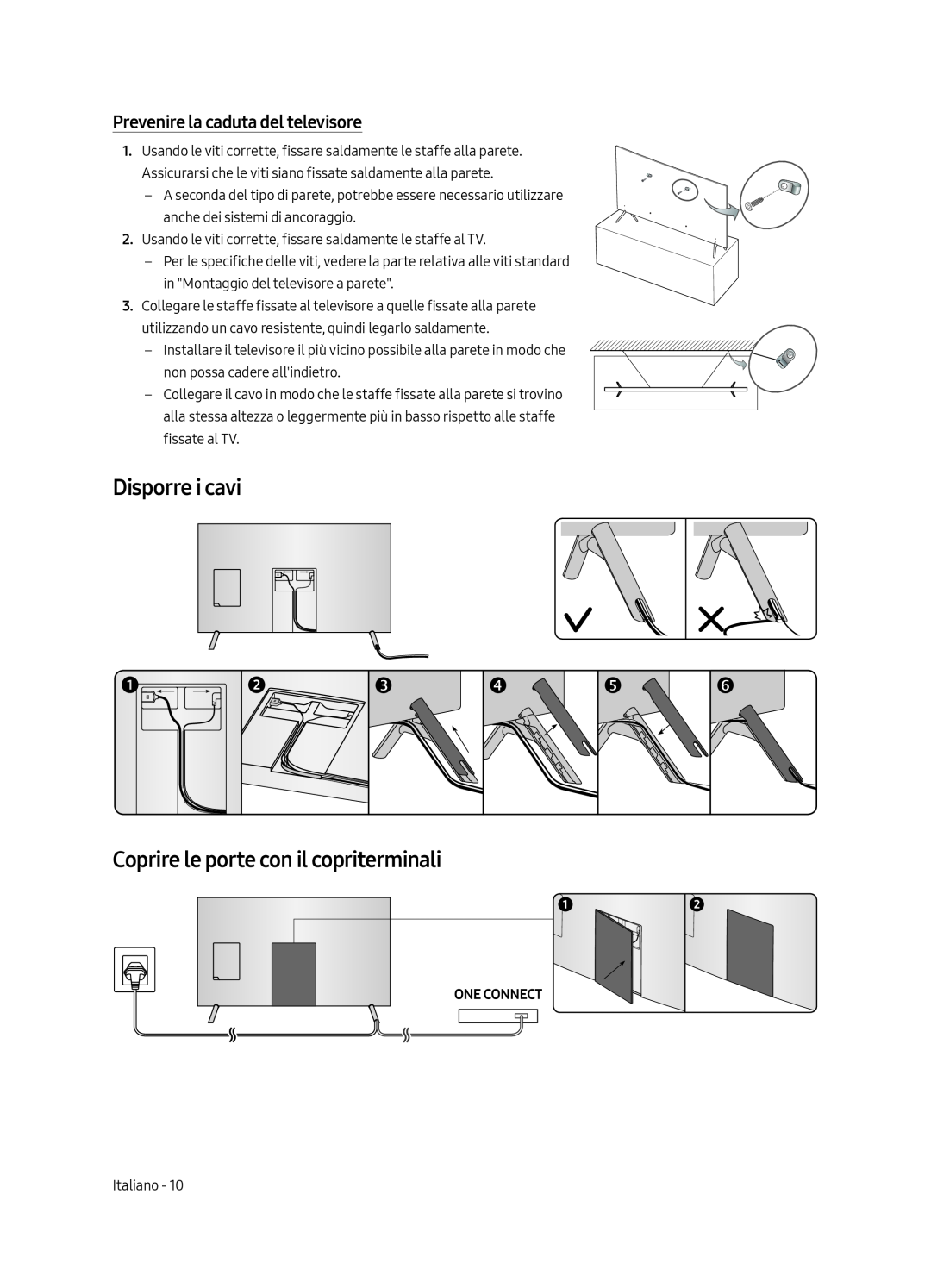 Samsung UE75MU7000TXXU manual Disporre i cavi Coprire le porte con il copriterminali, Prevenire la caduta del televisore 