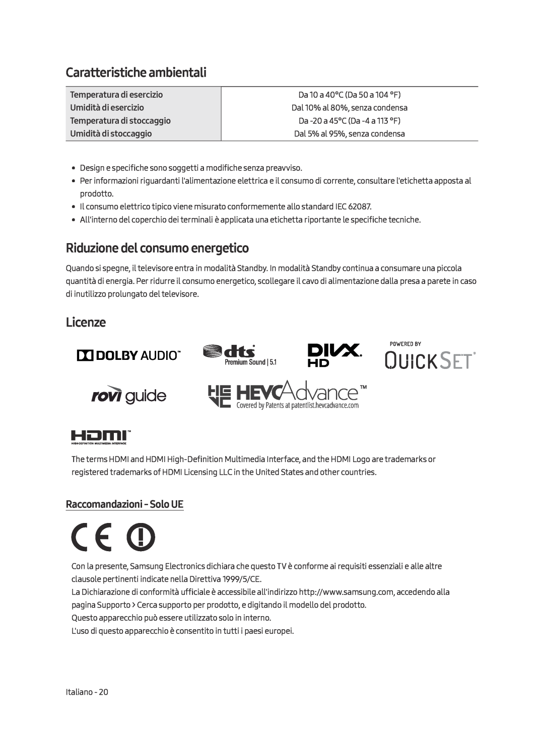 Samsung UE75MU7000TXZG Caratteristiche ambientali, Riduzione del consumo energetico, Licenze, Raccomandazioni - Solo UE 