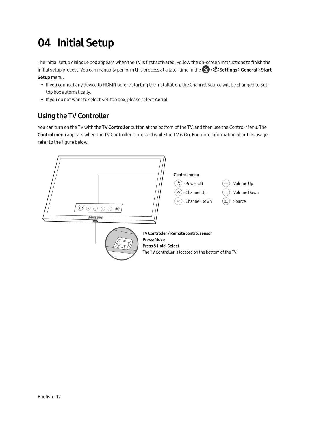 Samsung UE55MU8000LXXN, UE65MU8000LXXN, UE75MU8000LXXN, UE49MU8000LXXN manual Initial Setup, Using the TV Controller 