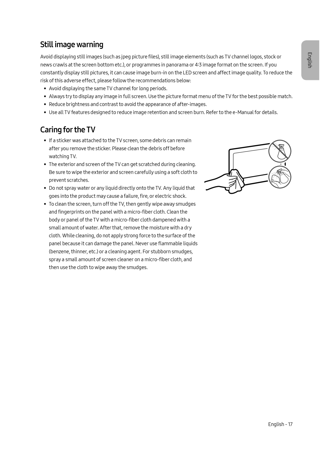 Samsung UE65MU8000LXXN, UE55MU8000LXXN, UE75MU8000LXXN, UE49MU8000LXXN manual Still image warning, Caring for the TV 