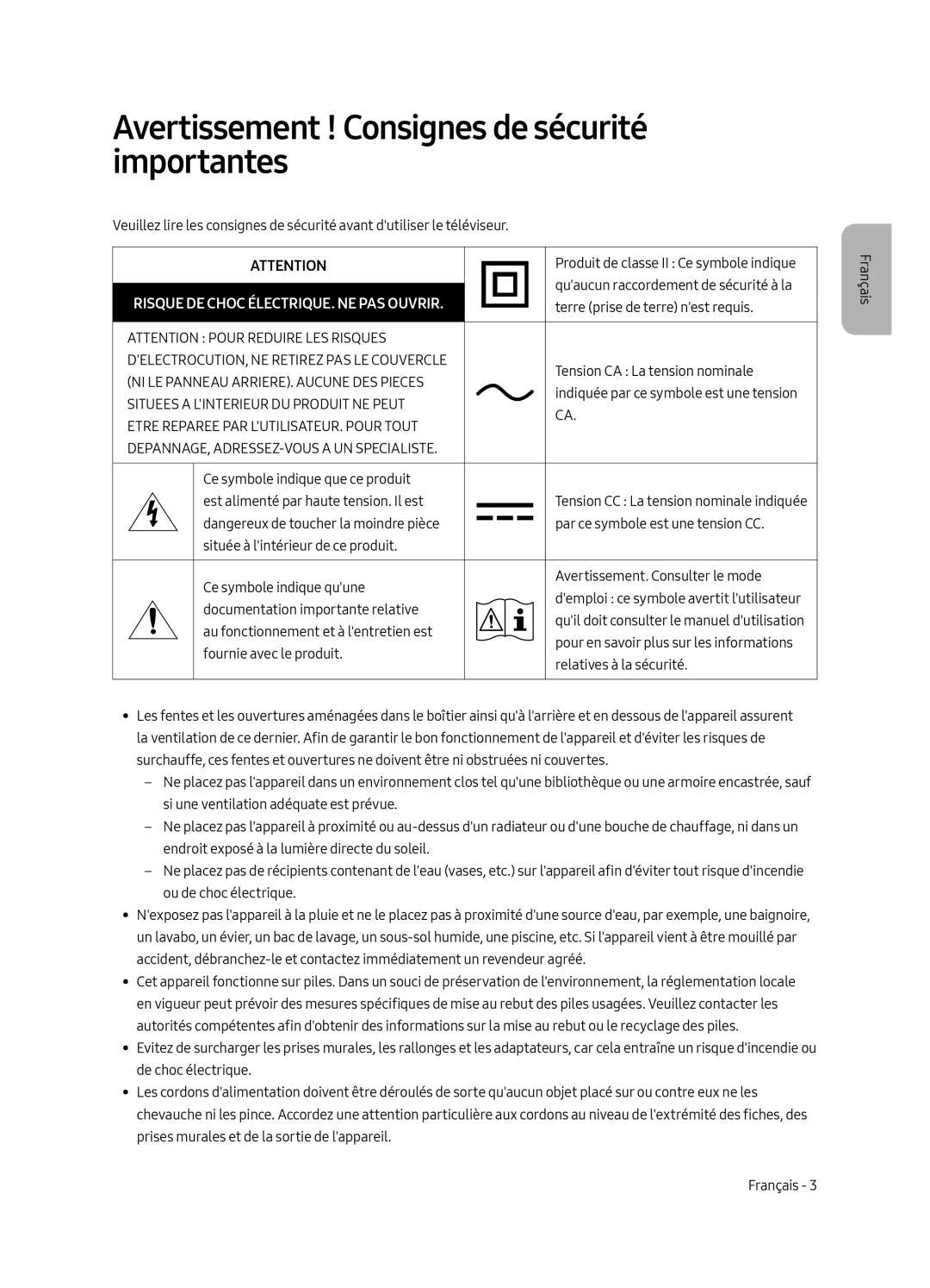 Samsung UE49MU8000LXXN manual Avertissement ! Consignes de sécurité importantes, Risque DE Choc ÉLECTRIQUE. NE PAS Ouvrir 