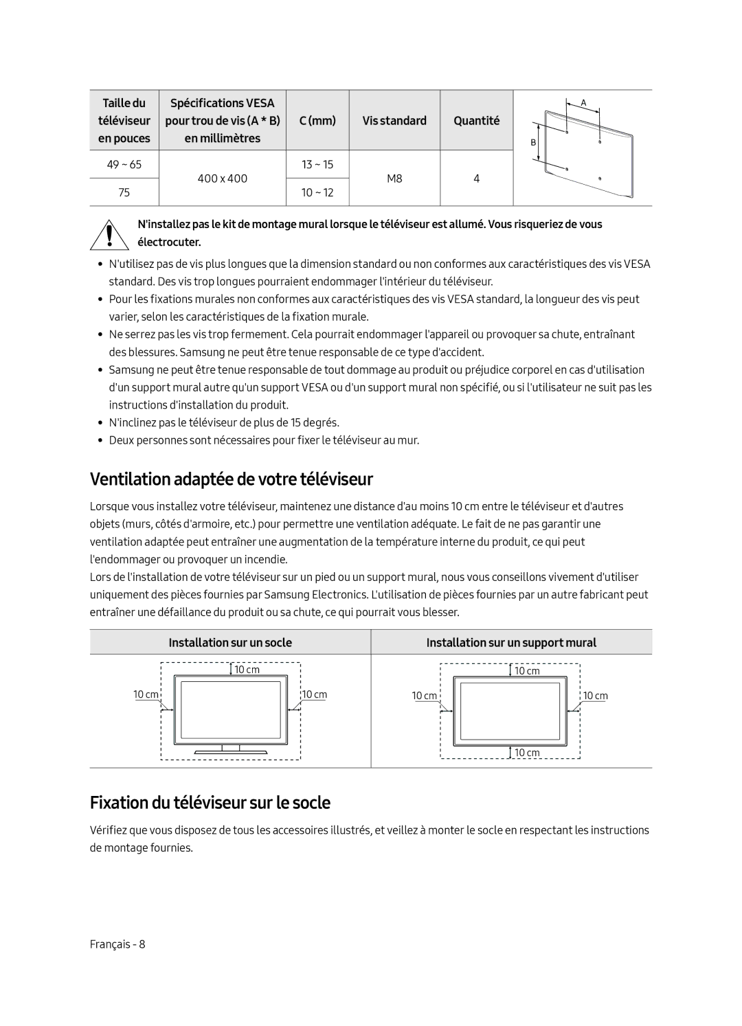 Samsung UE55MU8000LXXN manual Ventilation adaptée de votre téléviseur, Fixation du téléviseur sur le socle, Taille du 