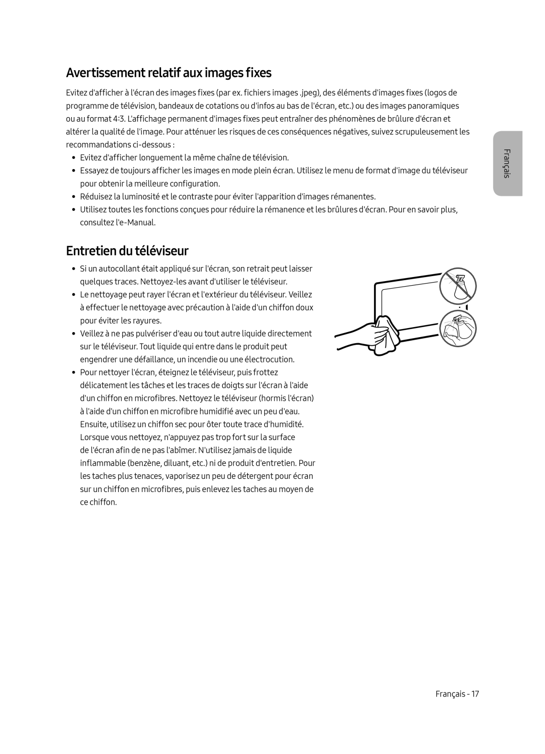 Samsung UE65MU8000LXXN, UE55MU8000LXXN, UE75MU8000LXXN manual Avertissement relatif aux images fixes, Entretien du téléviseur 