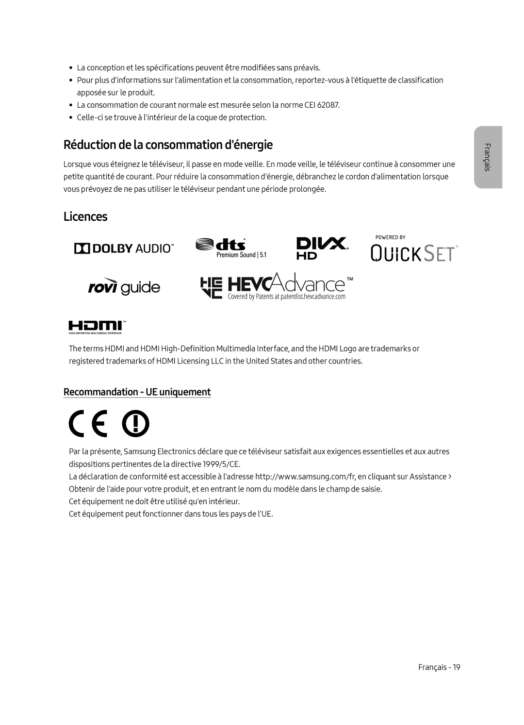 Samsung UE49MU8000LXXN, UE55MU8000LXXN, UE65MU8000LXXN Réduction de la consommation dénergie, Recommandation UE uniquement 