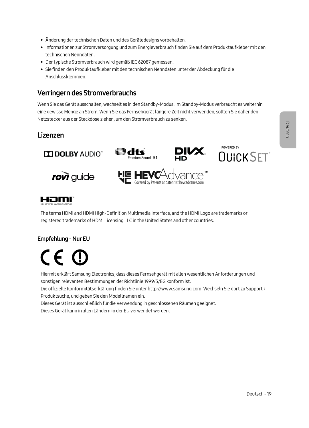 Samsung UE49MU8000LXXN, UE55MU8000LXXN, UE65MU8000LXXN manual Verringern des Stromverbrauchs, Lizenzen, Empfehlung Nur EU 