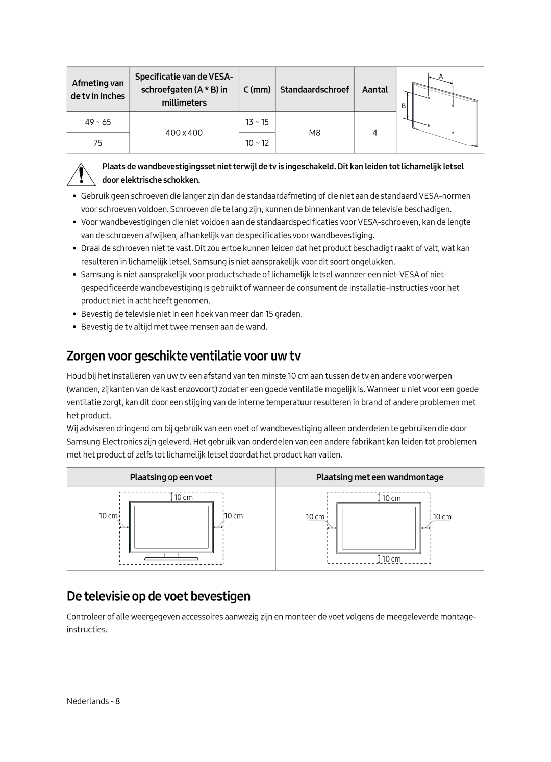 Samsung UE55MU8000LXXN manual Zorgen voor geschikte ventilatie voor uw tv, De televisie op de voet bevestigen, Afmeting van 