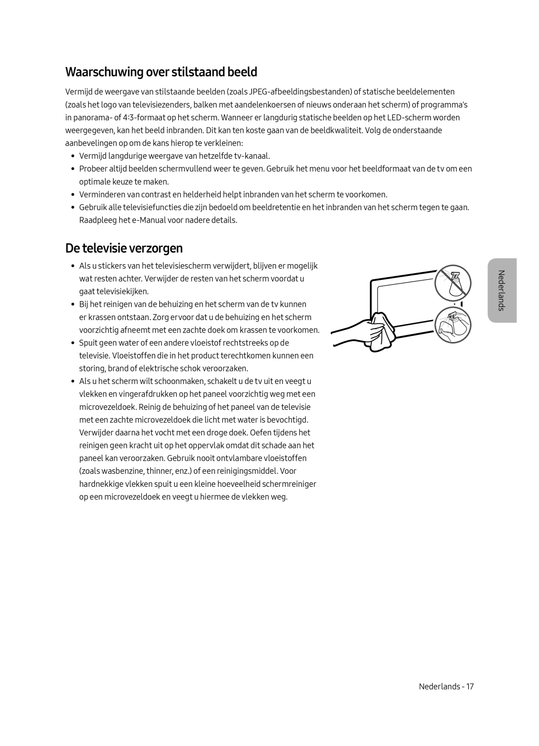 Samsung UE65MU8000LXXN, UE55MU8000LXXN, UE75MU8000LXXN manual Waarschuwing over stilstaand beeld, De televisie verzorgen 