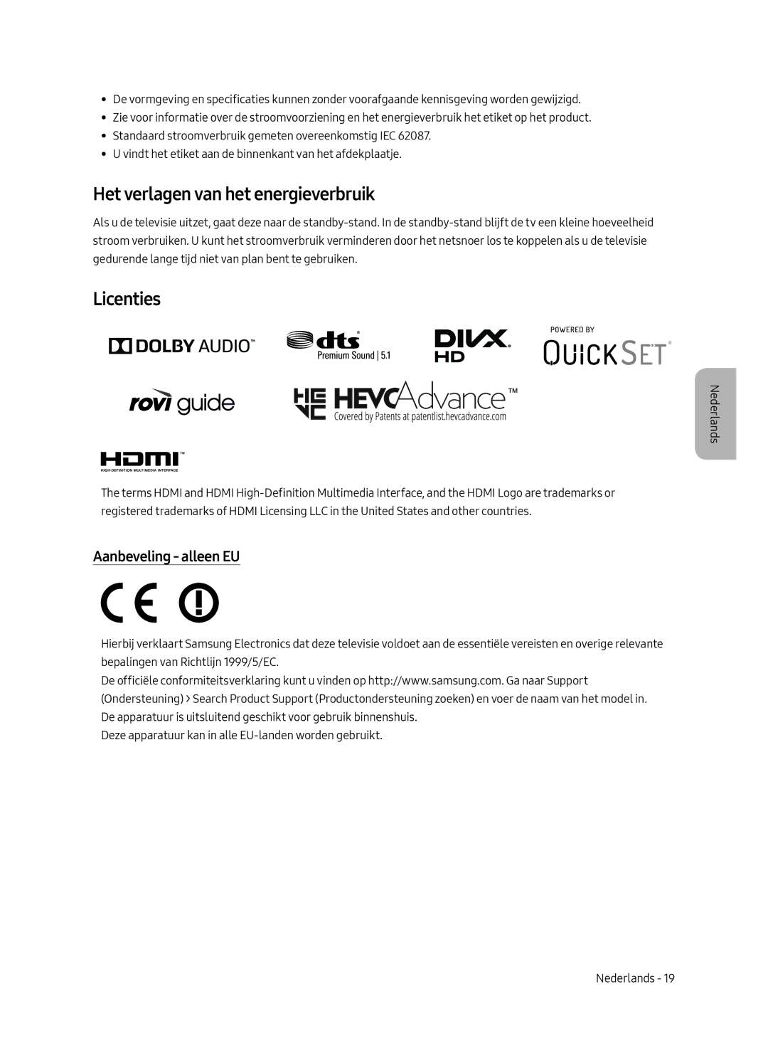 Samsung UE49MU8000LXXN, UE55MU8000LXXN manual Het verlagen van het energieverbruik, Licenties, Aanbeveling alleen EU 