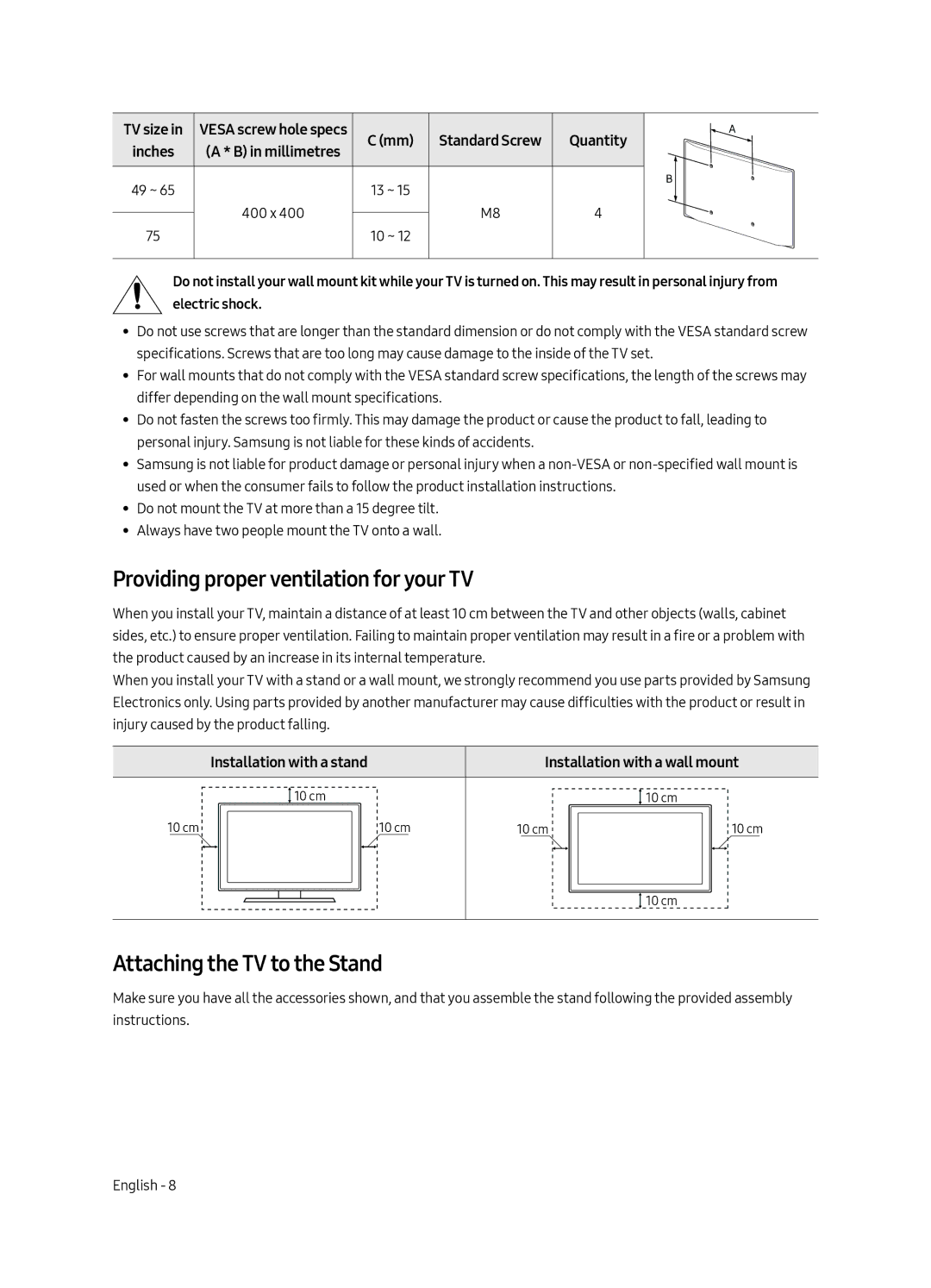 Samsung UE55MU8000LXXN, UE65MU8000LXXN manual Providing proper ventilation for your TV, Attaching the TV to the Stand 