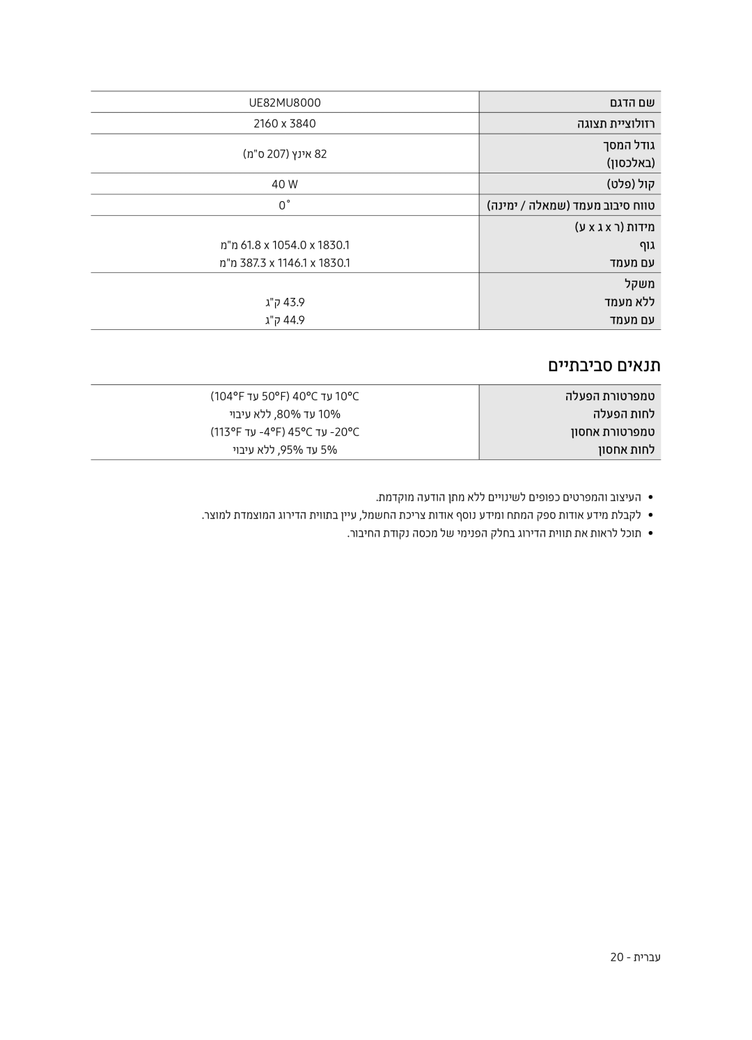 Samsung UE55MU8000TXSQ manual םייתביבס םיאנת, UE82MU8000, ג x ר תודימ, הלעפה תרוטרפמט הלעפה תוחל ןוסחא תרוטרפמט ןוסחא תוחל 