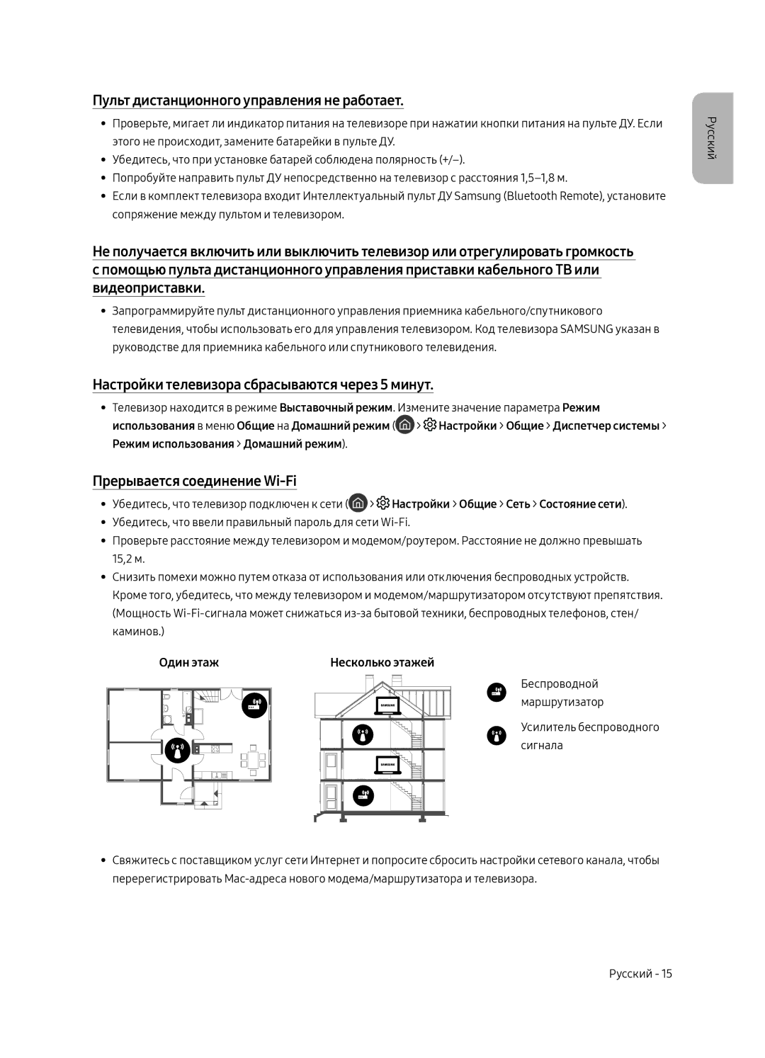 Samsung UE55MU8000UXRU manual Пульт дистанционного управления не работает, Настройки телевизора сбрасываются через 5 минут 