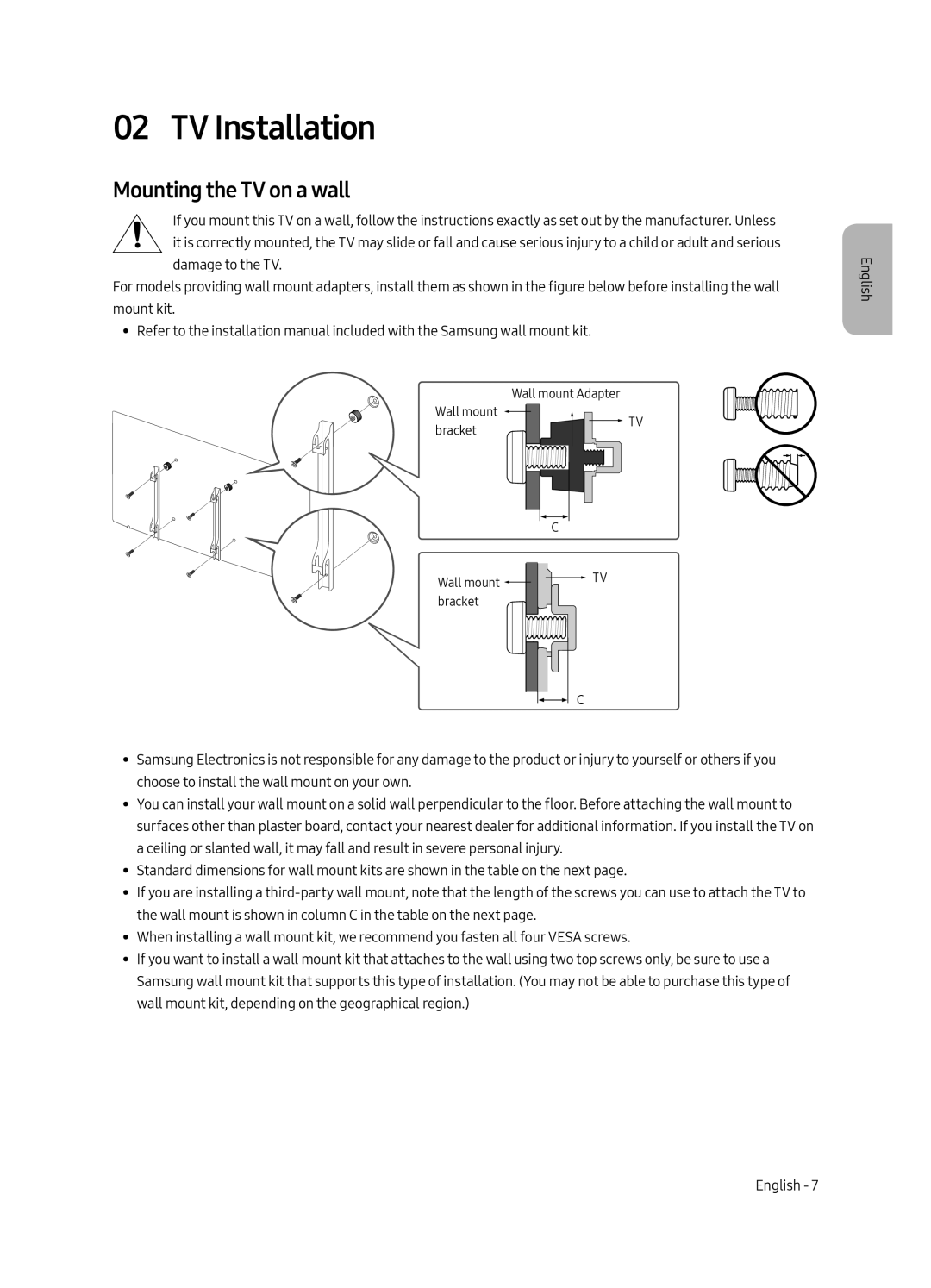 Samsung UE49MU8000UXRU, UE55MU8000UXRU, UE75MU8000UXRU manual TV Installation, Mounting the TV on a wall 