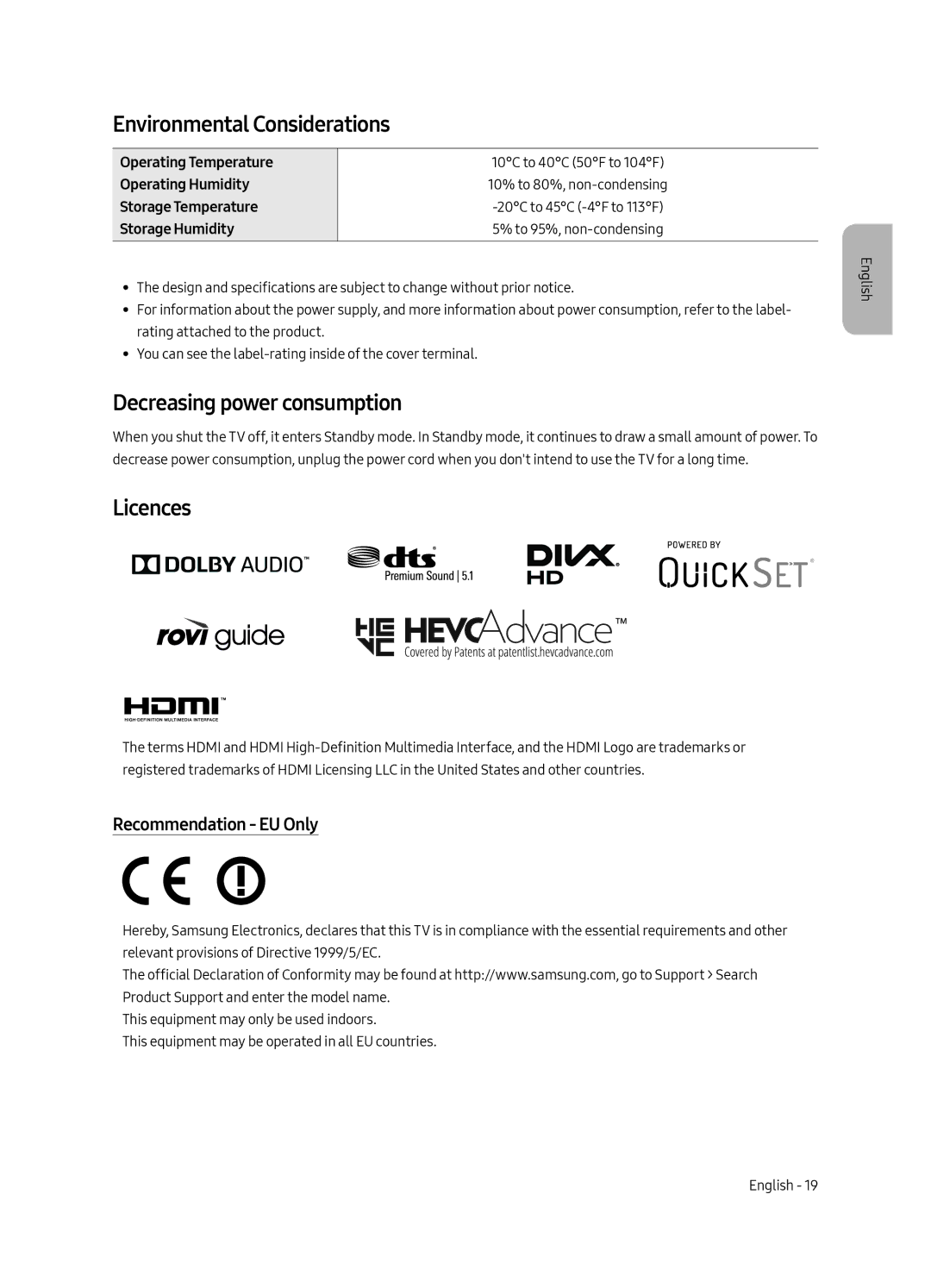 Samsung UE49MU8000UXRU manual Environmental Considerations, Decreasing power consumption, Licences, Recommendation EU Only 