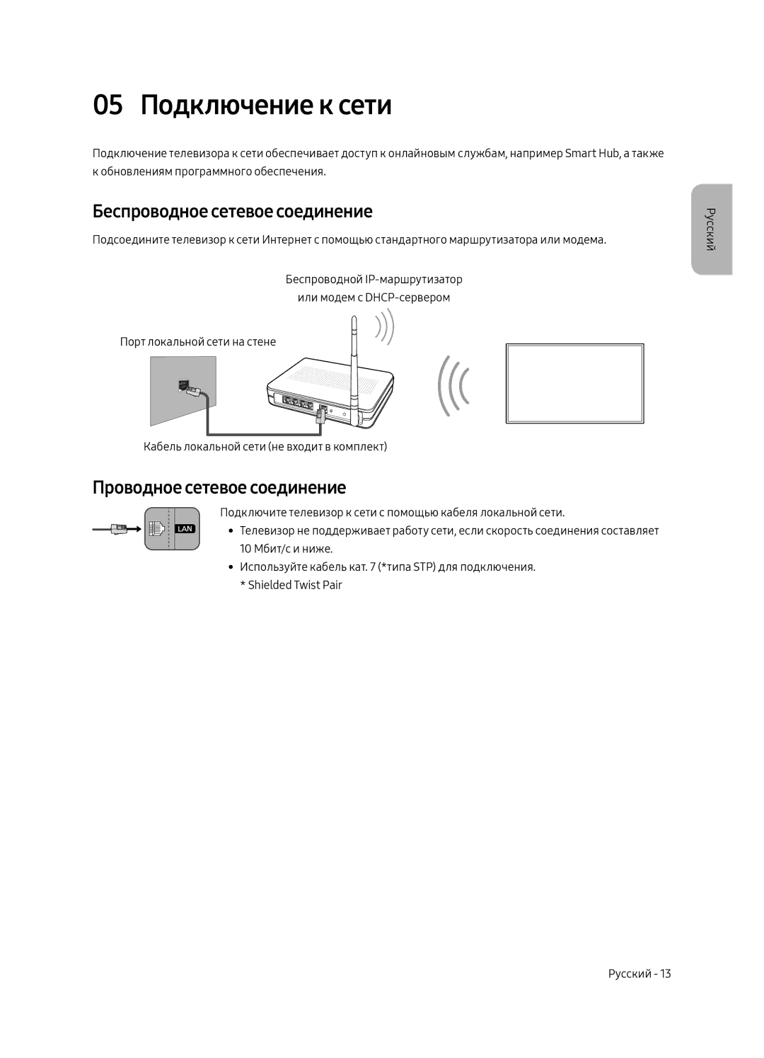 Samsung UE65MU9500TXSQ manual 05 Подключение к сети, Беспроводное сетевое соединение, Проводное сетевое соединение 