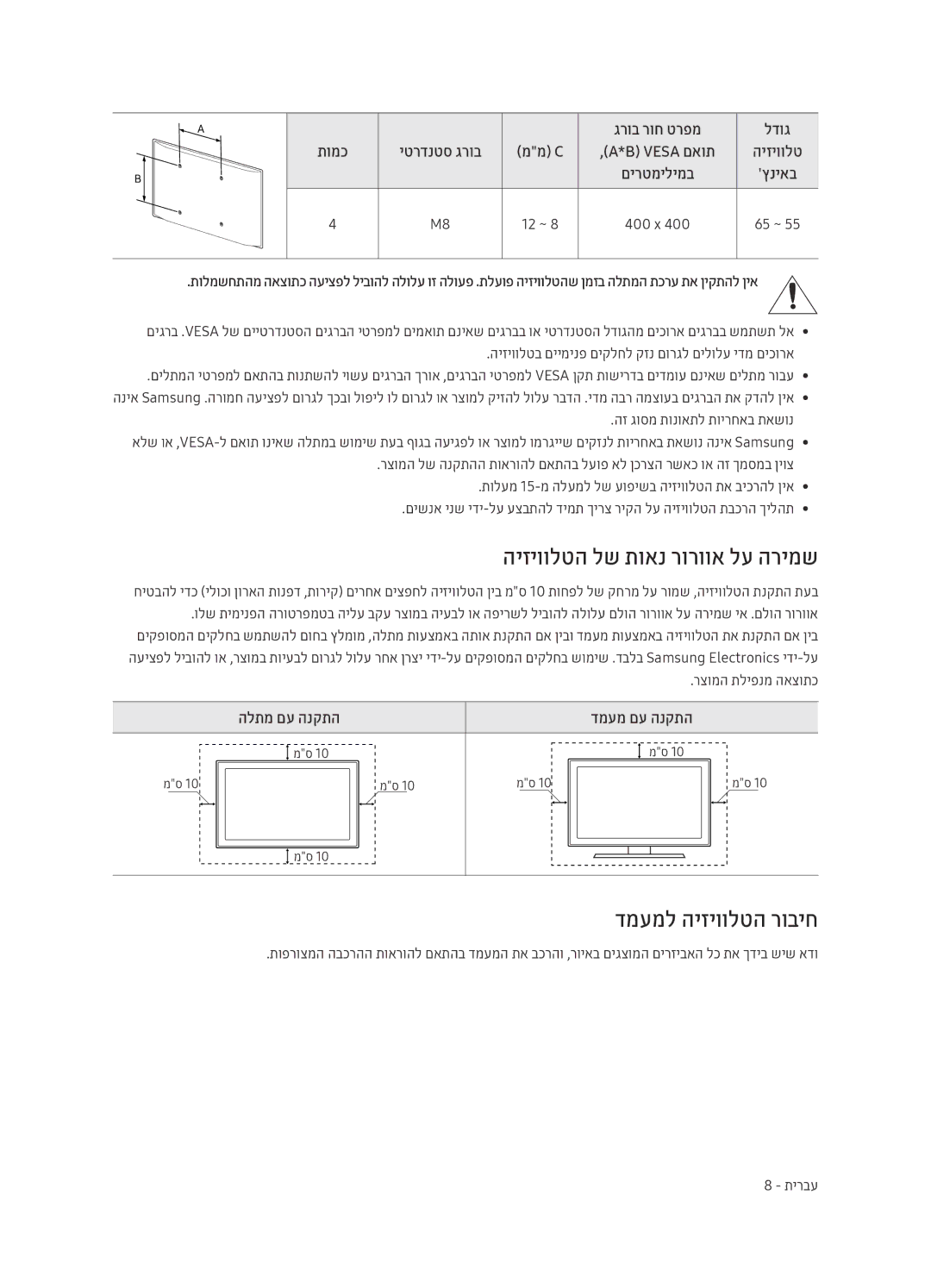 Samsung UE55MU9500TXSQ manual היזיוולטה לש תואנ רורווא לע הרימש, דמעמל היזיוולטה רוביח, לדוג, תומכ יטרדנטס גרוב, ‏Vesa םאות 