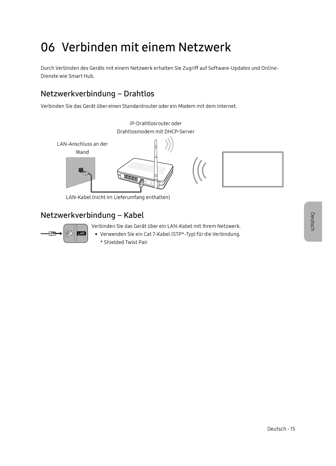 Samsung UE65NU8005TXXC, UE55NU8005TXXC Verbinden mit einem Netzwerk, Netzwerkverbindung Drahtlos, Netzwerkverbindung Kabel 