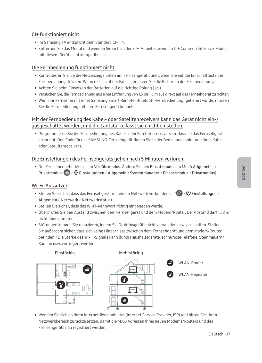 Samsung UE49NU8005TXXC, UE55NU8005TXXC manual CI+ funktioniert nicht, Die Fernbedienung funktioniert nicht, Wi-Fi-Aussetzer 