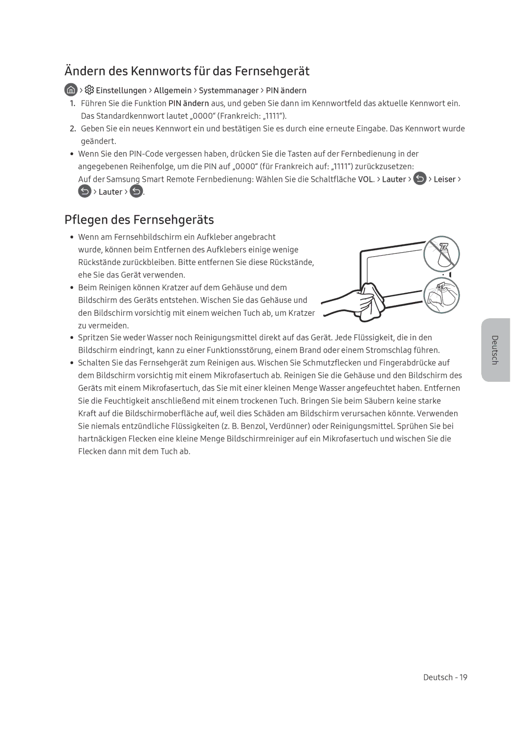 Samsung UE65NU8005TXXC, UE55NU8005TXXC manual Ändern des Kennworts für das Fernsehgerät, Pflegen des Fernsehgeräts, Lauter 