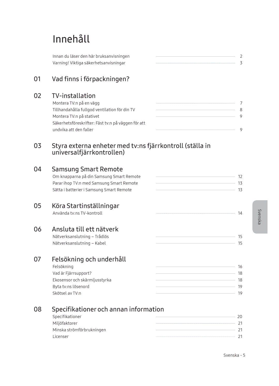 Samsung UE65NU8005TXXC, UE55NU8005TXXC, UE49NU8005TXXC, UE75NU8005TXXC manual Innehåll 