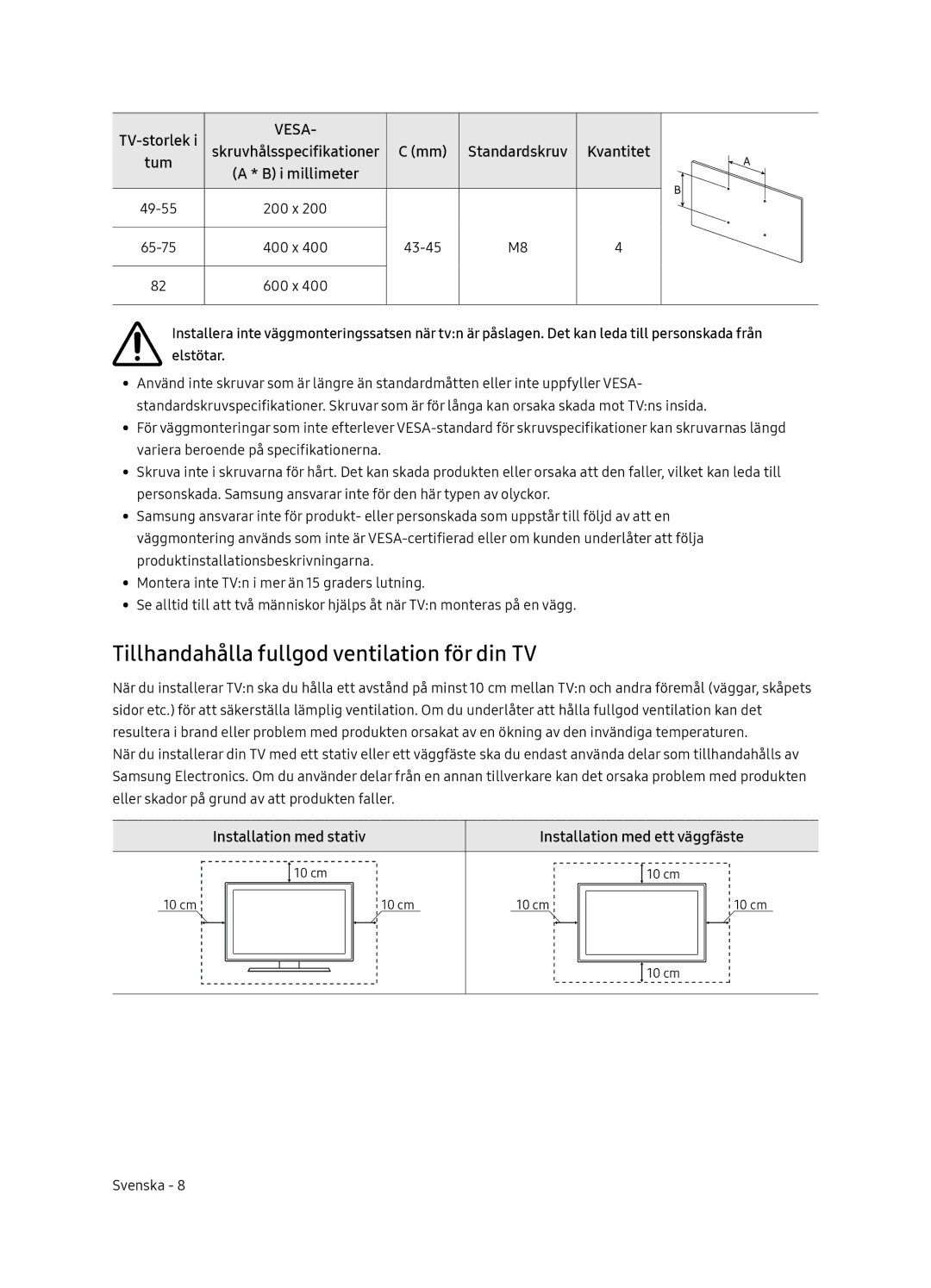 Samsung UE75NU8005TXXC, UE55NU8005TXXC, UE49NU8005TXXC manual Tillhandahålla fullgod ventilation för din TV, TV-storlek, Tum 