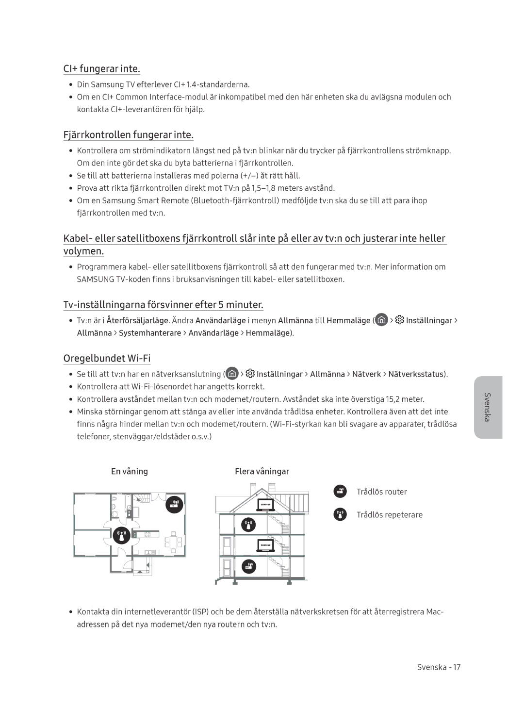 Samsung UE65NU8005TXXC CI+ fungerar inte, Fjärrkontrollen fungerar inte, Tv-inställningarna försvinner efter 5 minuter 