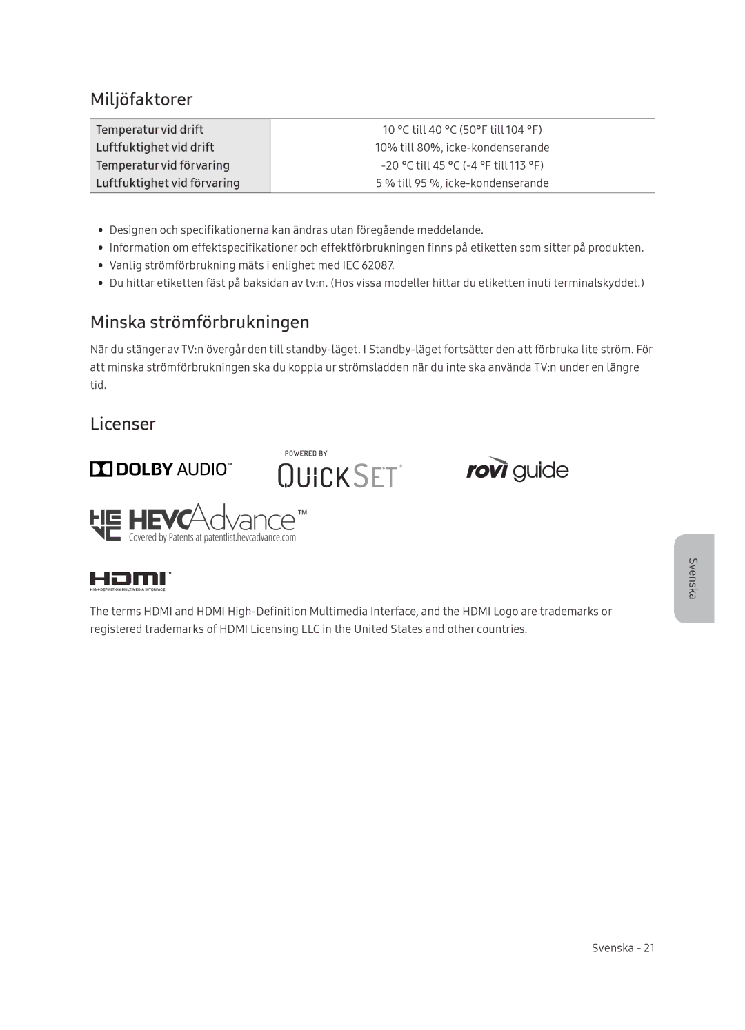 Samsung UE65NU8005TXXC, UE55NU8005TXXC, UE49NU8005TXXC, UE75NU8005TXXC Miljöfaktorer, Minska strömförbrukningen, Licenser 