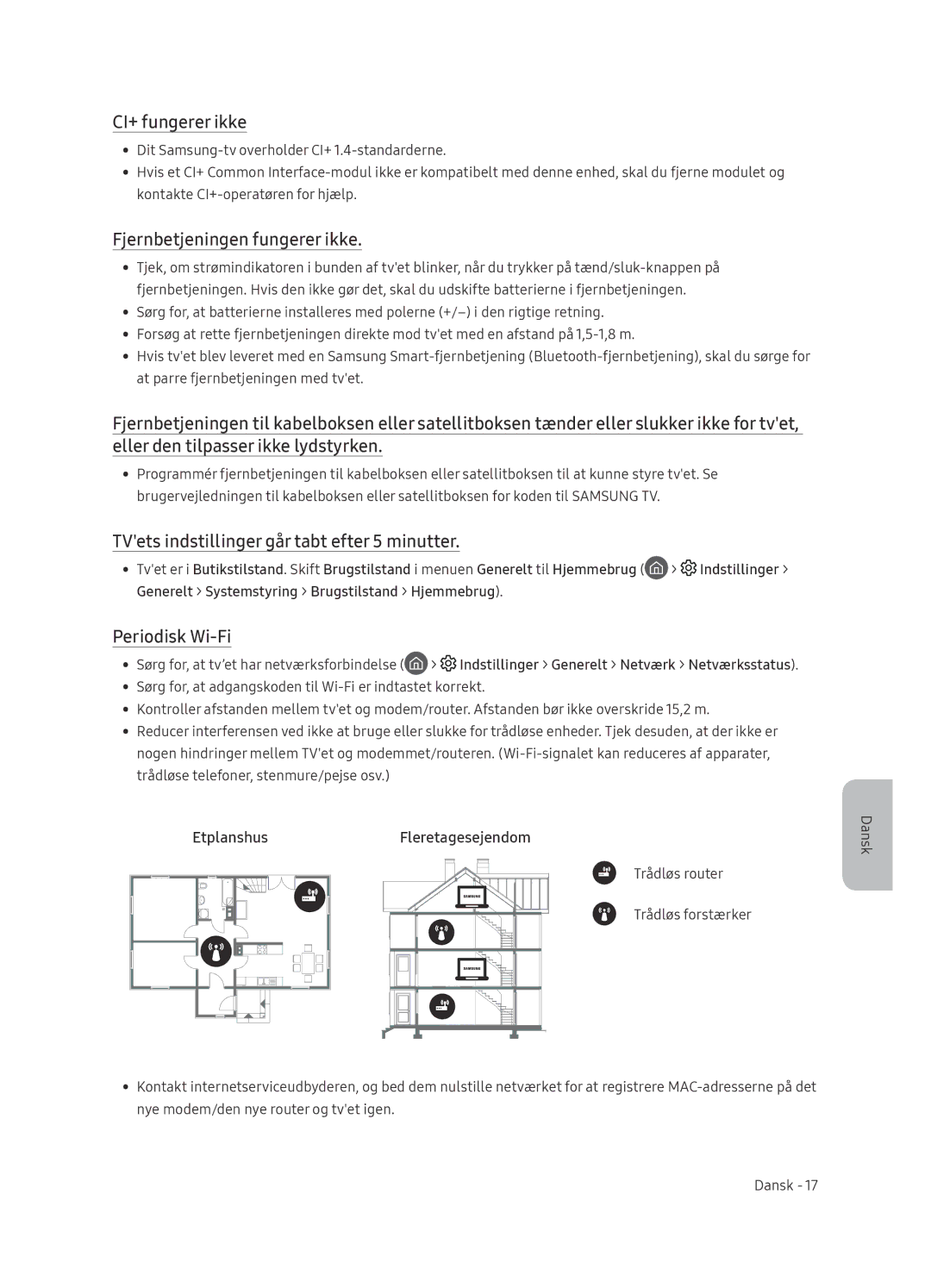 Samsung UE49NU8005TXXC CI+ fungerer ikke, Fjernbetjeningen fungerer ikke, TVets indstillinger går tabt efter 5 minutter 