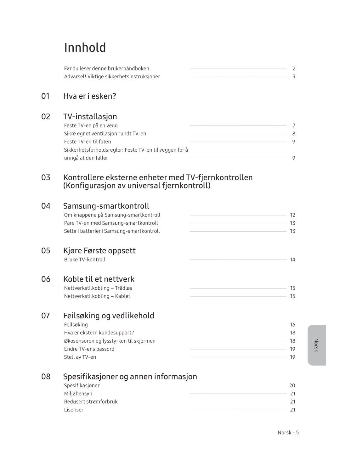 Samsung UE65NU8005TXXC, UE55NU8005TXXC, UE49NU8005TXXC, UE75NU8005TXXC manual Innhold 