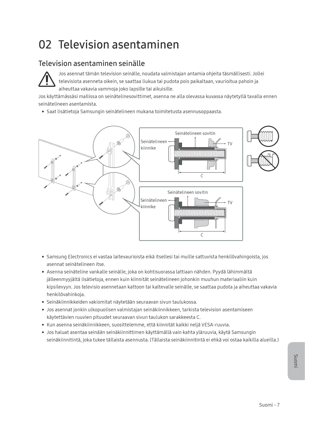 Samsung UE65NU8005TXXC, UE55NU8005TXXC, UE49NU8005TXXC, UE75NU8005TXXC manual Television asentaminen seinälle 