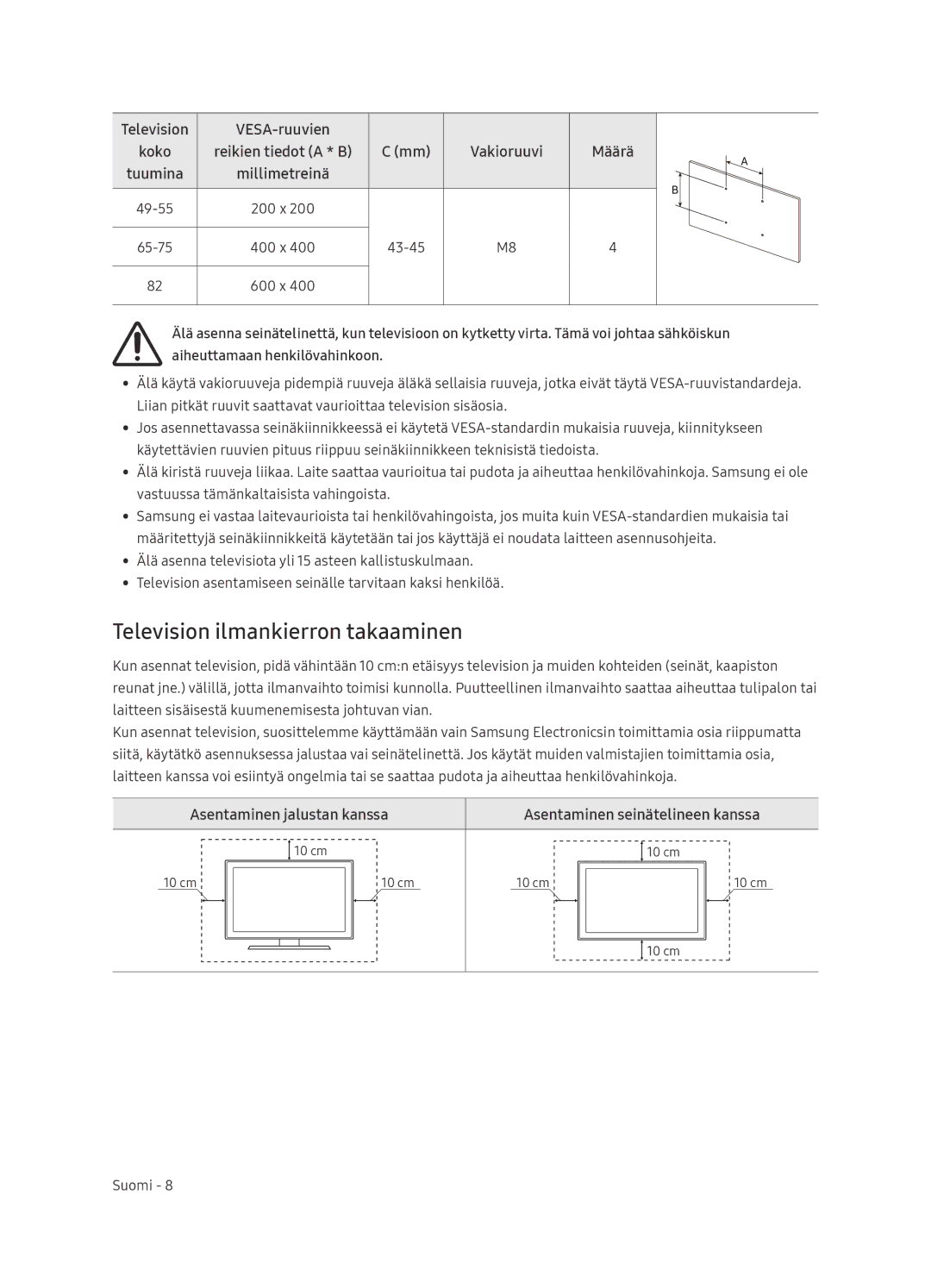 Samsung UE55NU8005TXXC Television ilmankierron takaaminen, Television VESA-ruuvien, Asentaminen jalustan kanssa, Määrä 