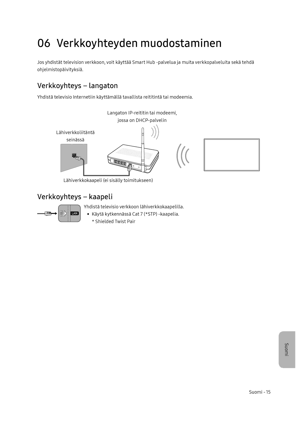 Samsung UE65NU8005TXXC, UE55NU8005TXXC manual Verkkoyhteyden muodostaminen, Verkkoyhteys langaton, Verkkoyhteys kaapeli 