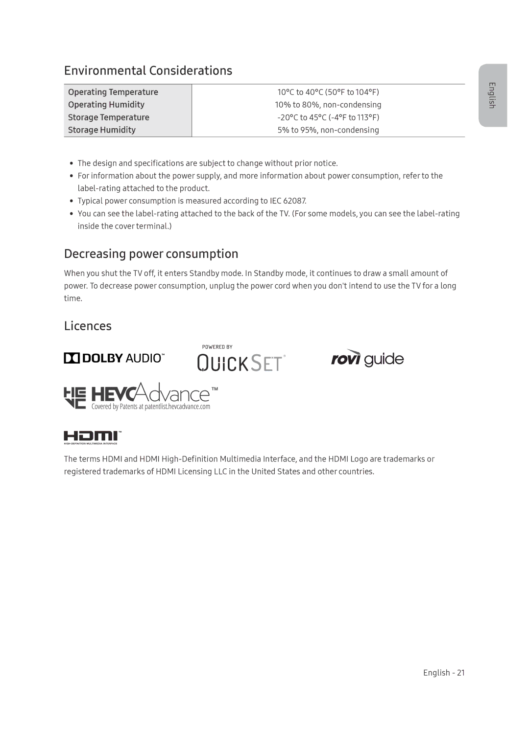 Samsung UE49NU8005TXXC, UE55NU8005TXXC, UE75NU8005TXXC Environmental Considerations, Decreasing power consumption, Licences 