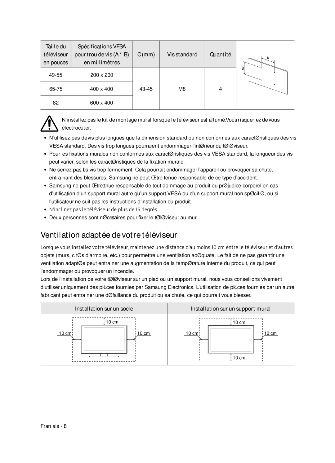 Samsung UE75NU8005TXXC, UE55NU8005TXXC Ventilation adaptée de votre téléviseur, Taille du Spécifications Vesa, Quantité 