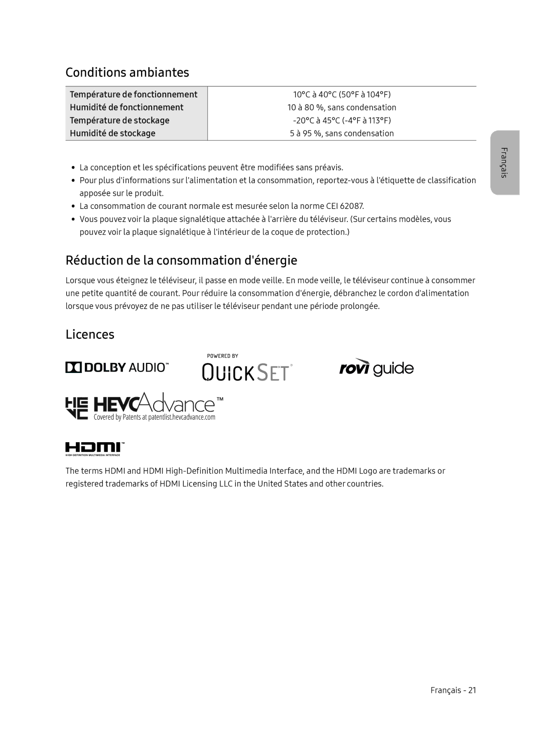 Samsung UE65NU8005TXXC, UE55NU8005TXXC, UE49NU8005TXXC manual Conditions ambiantes, Réduction de la consommation dénergie 