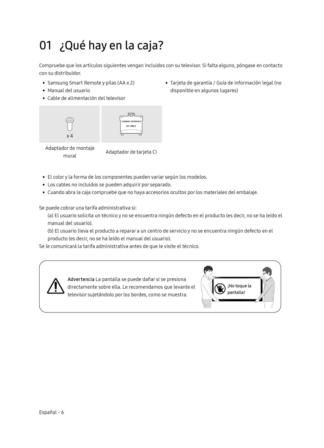 Samsung UE75NU8005TXXC, UE55NU8005TXXC, UE49NU8005TXXC, UE65NU8005TXXC manual 01 ¿Qué hay en la caja? 