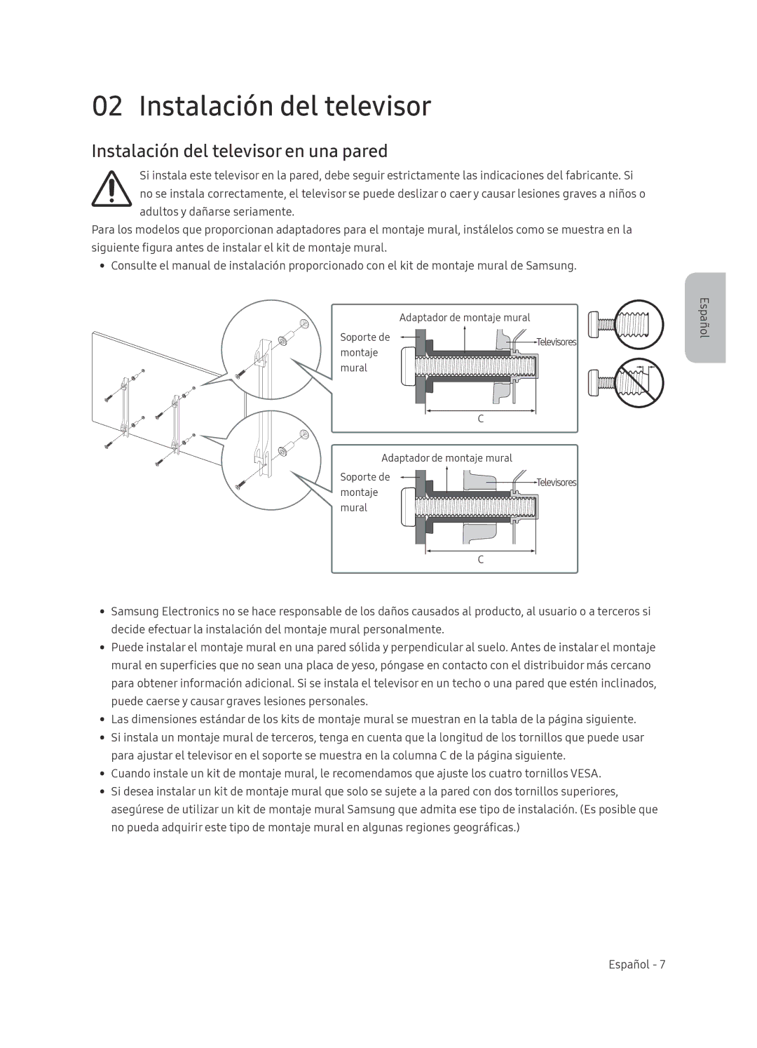 Samsung UE65NU8005TXXC, UE55NU8005TXXC, UE49NU8005TXXC, UE75NU8005TXXC manual Instalación del televisor en una pared 