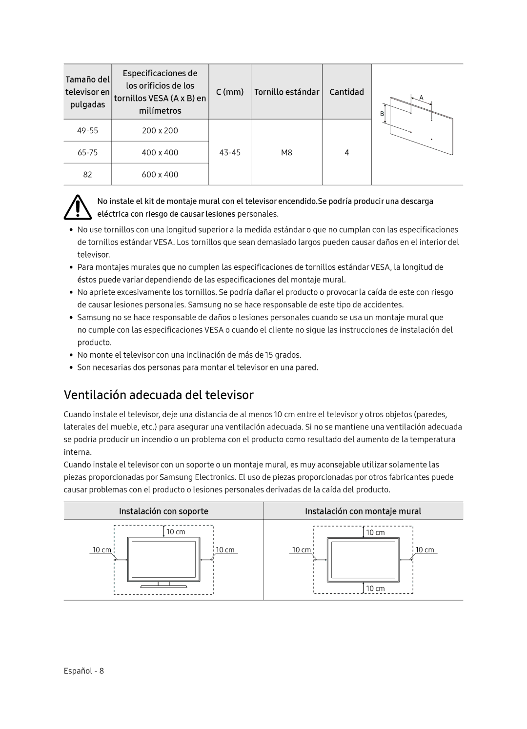 Samsung UE55NU8005TXXC Ventilación adecuada del televisor, Instalación con soporte Instalación con montaje mural, Cantidad 