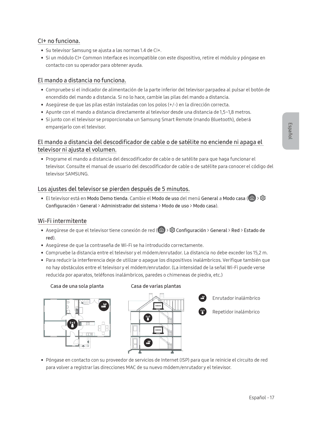 Samsung UE49NU8005TXXC, UE55NU8005TXXC manual CI+ no funciona, El mando a distancia no funciona, Wi-Fi intermitente 