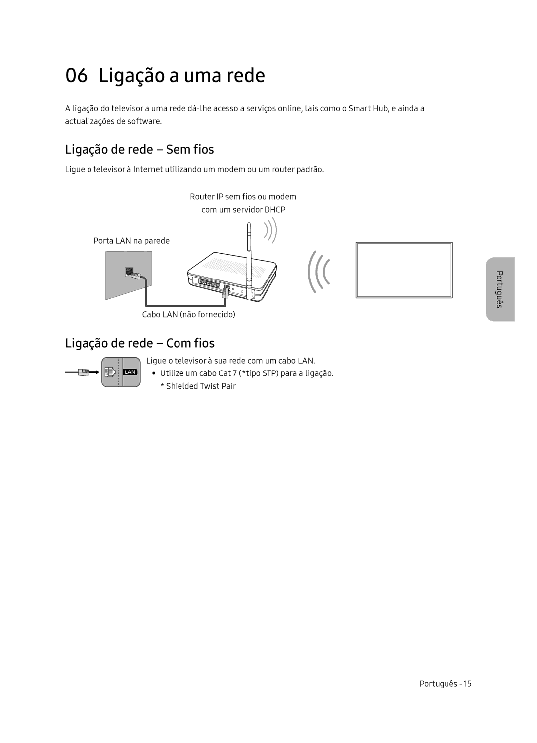 Samsung UE49NU8005TXXC, UE55NU8005TXXC manual Ligação a uma rede, Ligação de rede Sem fios, Ligação de rede Com fios 