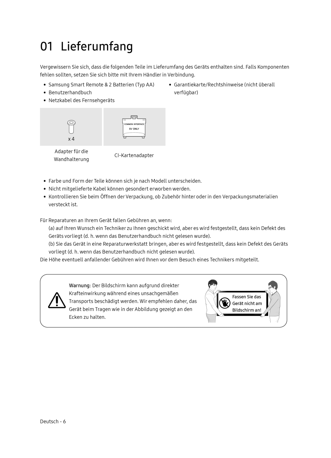 Samsung UE75NU8005TXXC, UE55NU8005TXXC, UE49NU8005TXXC, UE65NU8005TXXC manual Lieferumfang 