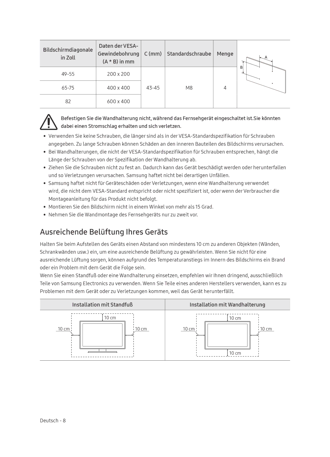 Samsung UE55NU8005TXXC, UE49NU8005TXXC manual Ausreichende Belüftung Ihres Geräts, Bildschirmdiagonale Daten der Vesa, Zoll 