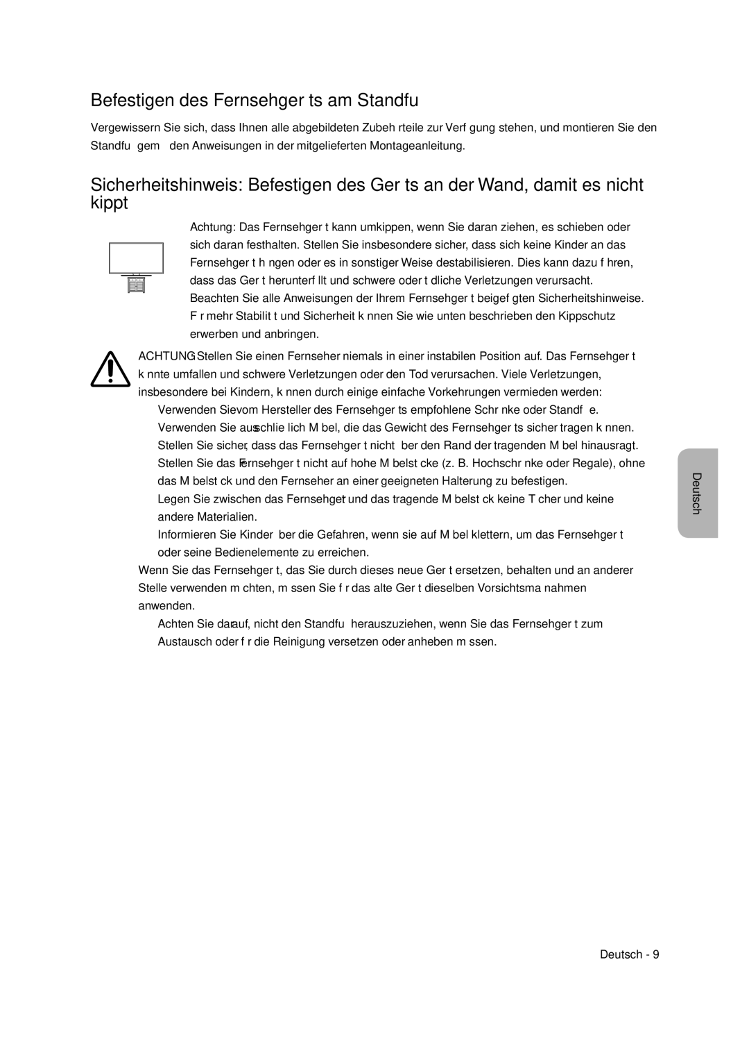 Samsung UE49NU8005TXXC, UE55NU8005TXXC, UE75NU8005TXXC, UE65NU8005TXXC manual Befestigen des Fernsehgeräts am Standfuß 